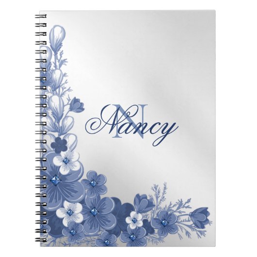 Monogram naam Floral Blue Silver Grey Elegant Notitieboek (Voorkant)