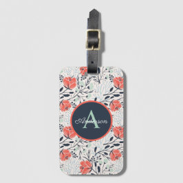 Monogram naam Floral Modern Coral Mint Navy Poppy Bagagelabel