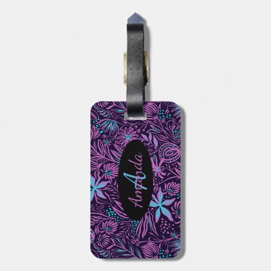 Monogram naam Floral roze Paars Blauwgroen zwart M Bagagelabel (Achterkant verticaal)