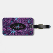 Monogram naam Floral roze Paars Blauwgroen zwart M Bagagelabel (Achterkant horizontaal)