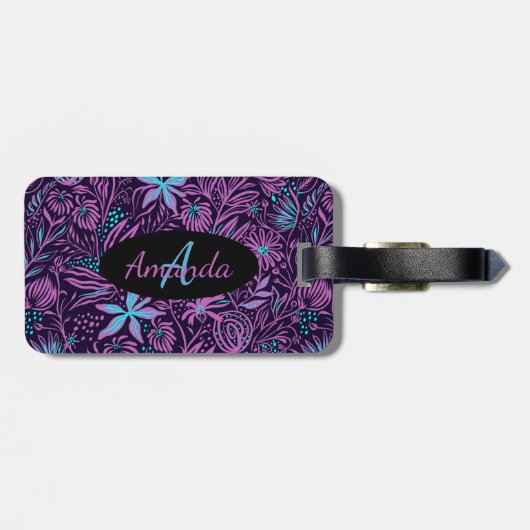 Monogram naam Floral roze Paars Blauwgroen zwart M Bagagelabel (Achterkant horizontaal)