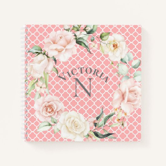 Monogram Naam Floral Waterverf Damask Notitieboek (Voorkant)