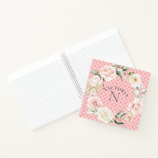 Monogram Naam Floral Waterverf Damask Notitieboek (Binnen)