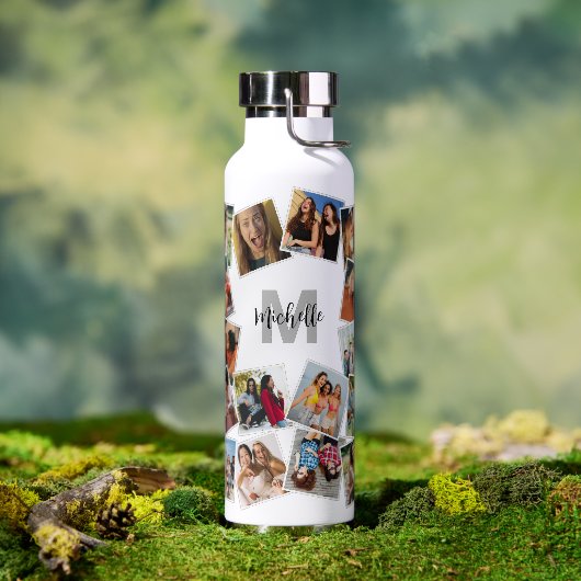 Monogram Naam Foto Collage Water Fles (Buiten)