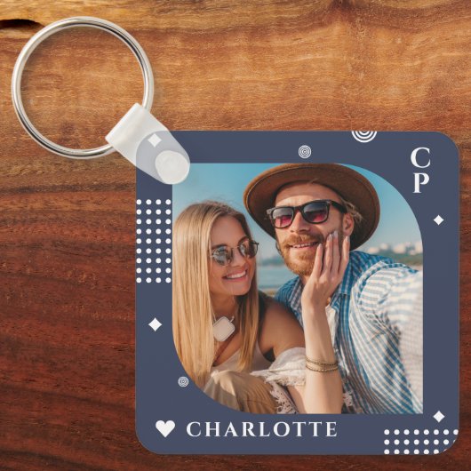 Monogram Naam Foto Trendy Simple Modern Sleutelhanger (Voorkant)
