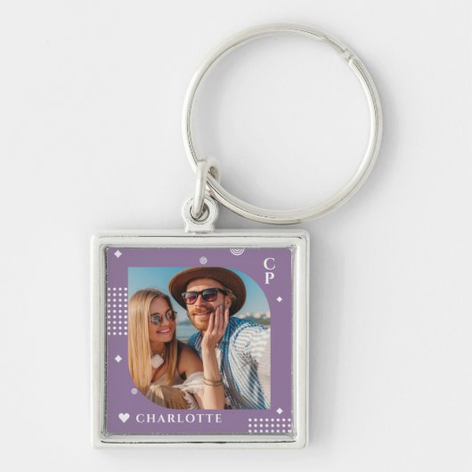 Monogram Naam Foto Trendy Simple Modern Sleutelhanger (Voorkant)