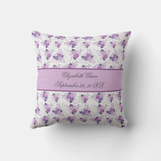 Monogram Naam geboorte Stats Paars Pink Floral Kussen (Achterkant)