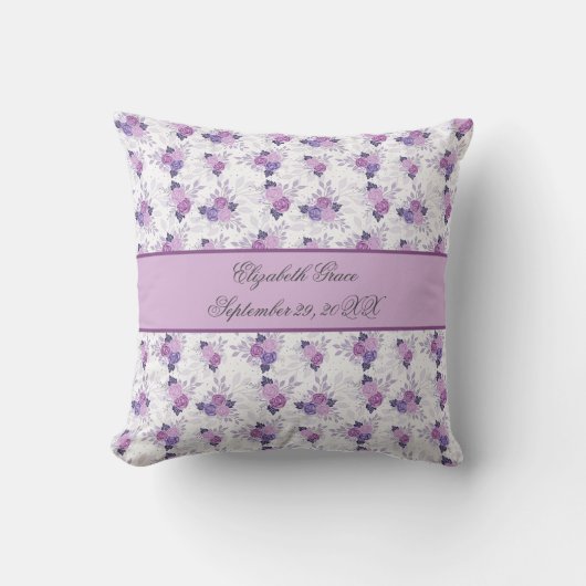 Monogram Naam Geboorte Stats Paars Roze Bloem Kussen (Voorkant)