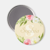 Monogram Naam Geel Roze Waterverf Floral Magneet (Voorkant / Achterkant)
