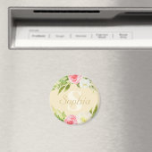 Monogram Naam Geel Roze Waterverf Floral Magneet (Insitu (Vaatwasser))