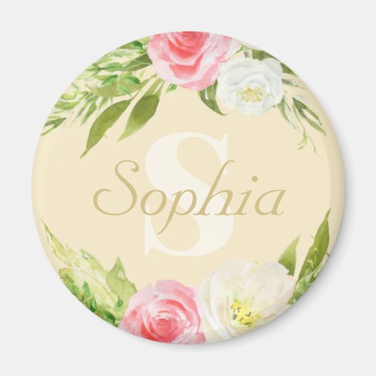 Monogram Naam Geel Roze Waterverf Floral Magneet (Voorkant)