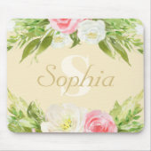 Monogram Naam Geel Roze Waterverf Floral Muismat (Voorkant)