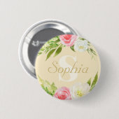 Monogram Naam Geel Roze Waterverf Floral Ronde Button 5,7 Cm (Voorkant /achterkant)