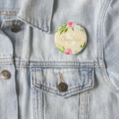 Monogram Naam Geel Roze Waterverf Floral Ronde Button 5,7 Cm (In situ)