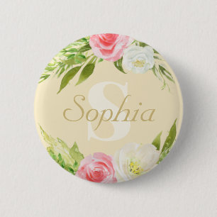 Monogram Naam Geel Roze Waterverf Floral Ronde Button 5,7 Cm