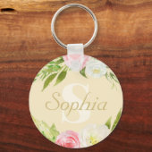 Monogram Naam Geel Roze Waterverf Floral Sleutelhanger (Voorkant)