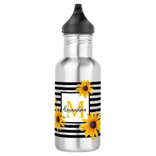 Monogram Naam Gele Bloem Zwarte Streep Waterfles (Rechts)