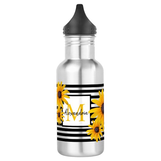 Monogram Naam Gele Bloem Zwarte Streep Waterfles (Links)