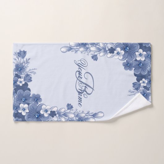 Monogram Naam Gift Floral Blue Elegant Rustic Handdoek (Handdoek)