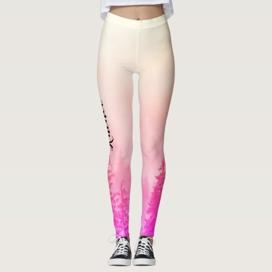 Monogram Naam Girly Pink Trees Natuur Wit Leggings (Voorkant)