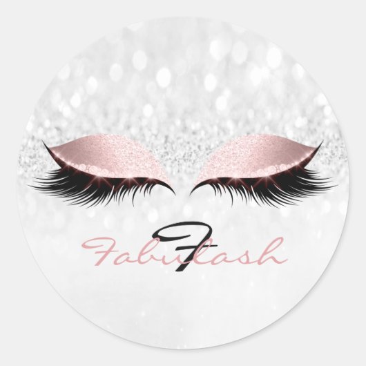 Monogram naam Glitter Pink Eye Lash Girl 16 Silver Ronde Sticker (Voorkant)