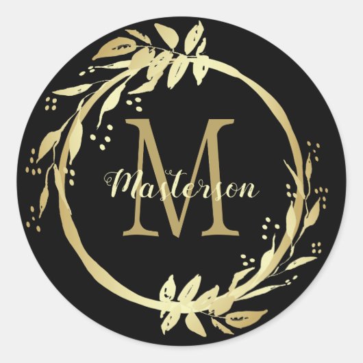 Monogram naam Gold Black met kerstmis Ronde Sticker (Voorkant)