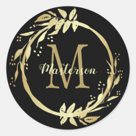 Monogram naam Gold Black met kerstmis Ronde Sticker