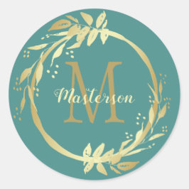 Monogram naam Gold Blauwgroen Green Kerstmis Wreat Ronde Sticker