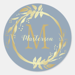Monogram naam Gold Dusty Blue Kerstmis Wreate Ronde Sticker