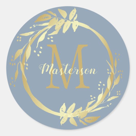 Monogram naam Gold Dusty Blue Kerstmis Wreate Ronde Sticker (Voorkant)