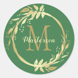 Monogram naam Gold Green Kerstmis Wreate Ronde Sticker