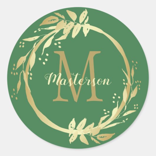 Monogram naam Gold Green Kerstmis Wreate Ronde Sticker (Voorkant)