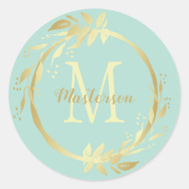 Monogram naam Gold Mint Green Kerstmis Wreate Ronde Sticker