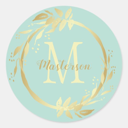 Monogram naam Gold Mint Green Kerstmis Wreate Ronde Sticker (Voorkant)