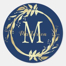 Monogram naam Gold Navy Blue Kerstmis Wreate Ronde Sticker