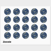 Monogram naam Gold Navy Blue Kerstmis Wreate Ronde Sticker (Vel)