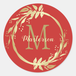Monogram naam Gold Red Kerstmis Wreate Ronde Sticker