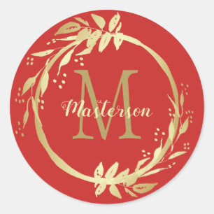 Monogram naam Gold Red Kerstmis Wreate Ronde Sticker