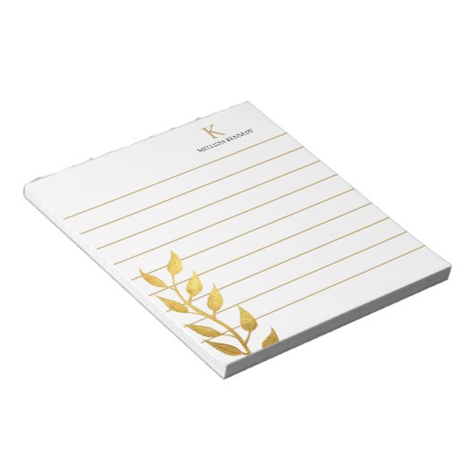 Monogram Naam Golden Leaves Gold Lined Notitieblok (Schuin)
