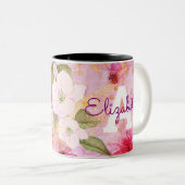 Monogram naam goud roze bloemen  waterverf tweekleurige koffiemok (Voorkant rechts)