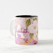 Monogram naam goud roze bloemen  waterverf tweekleurige koffiemok (Voorkant links)