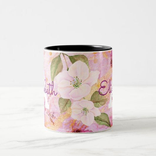 Monogram naam goud roze bloemen  waterverf tweekleurige koffiemok (Center)