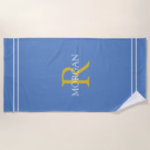 Monogram/naam, goud/wht tekst, wht strepen, blauw strandlaken (Voorkant)