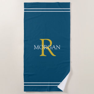 Monogram/Naam Goud/Wht Tekst Wht Stripes Ocean Blu Strandlaken