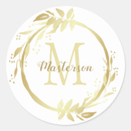 Monogram Naam Goud Wit Kerstkrans Classic Ronde Sticker