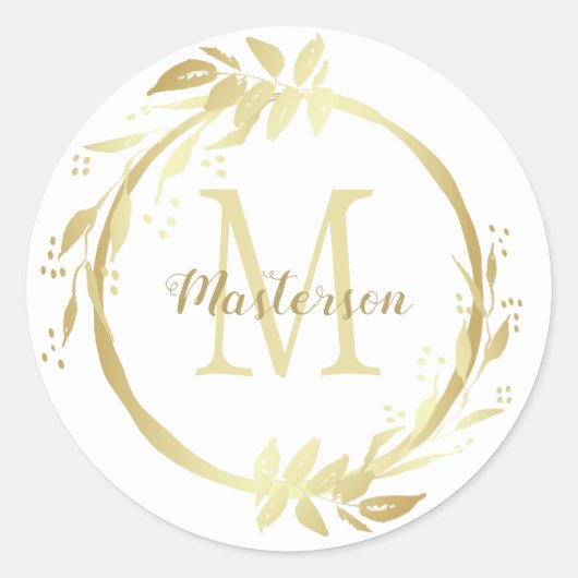 Monogram Naam Goud Wit Kerstkrans Classic Ronde Sticker (Voorkant)