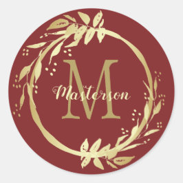 Monogram Naam Gouden Bourgondische Kerstkrans Ronde Sticker
