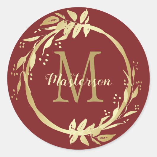 Monogram Naam Gouden Bourgondische Kerstkrans Ronde Sticker (Voorkant)
