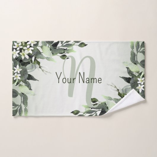 Monogram Naam Greenery Floral Eucalyptus Leaves Bad Handdoek (Handdoek)
