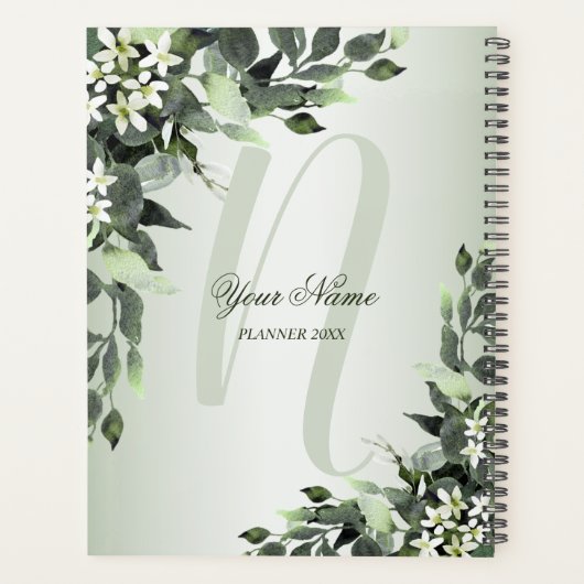 Monogram Naam Greenery Floral Eucalyptus Leaves Planner (Achterkant)